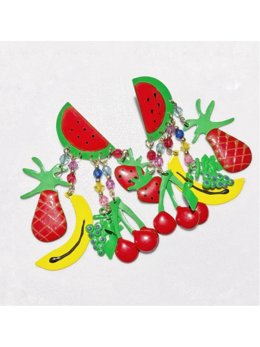 Vintage Fruit Salad Enamel Dangle Earrings | Watermelon Cherry Banana Pineapple